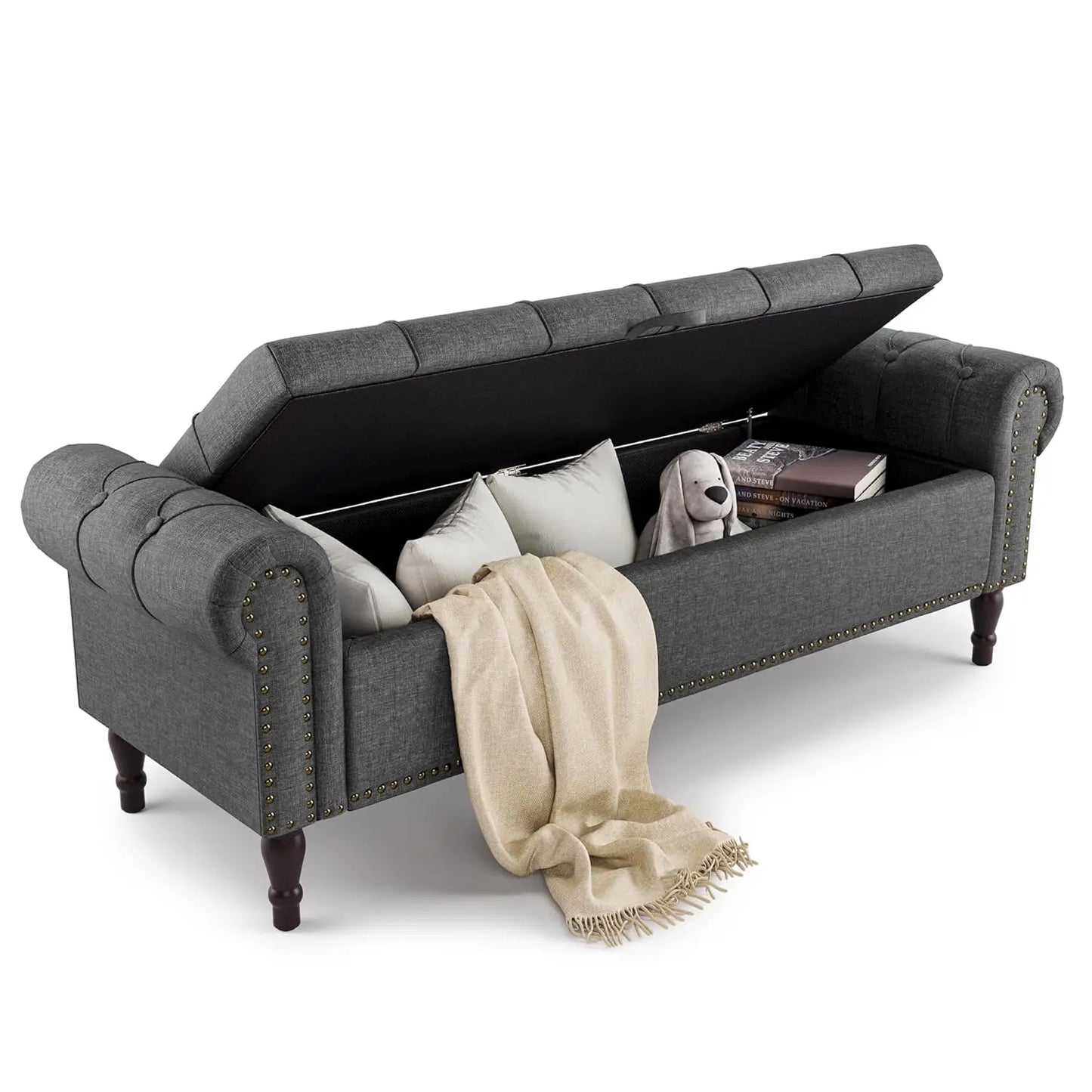 Rolled Arm Storage Bench Ottoman with Button Tufted