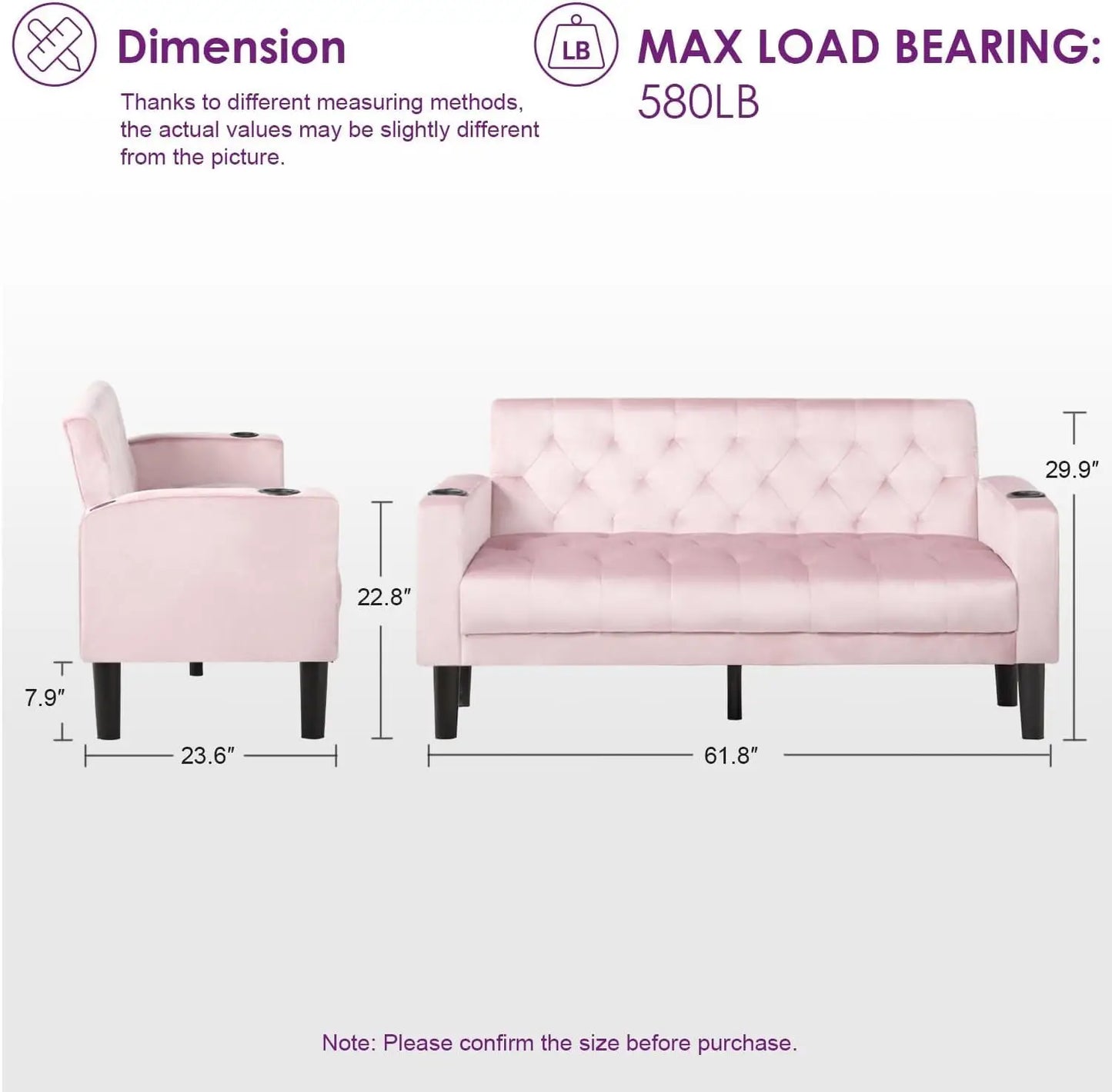 Mid-Century Modern Loveseat Sofa Set w/ 2 USB & 2 Cupholders