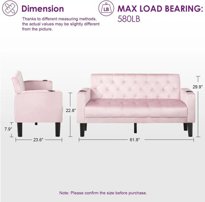 Mid-Century Modern Loveseat Sofa Set w/ 2 USB & 2 Cupholders