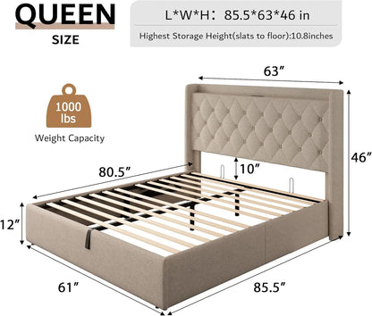 Lift Up Storage Bed Frame With Tufted Headboard