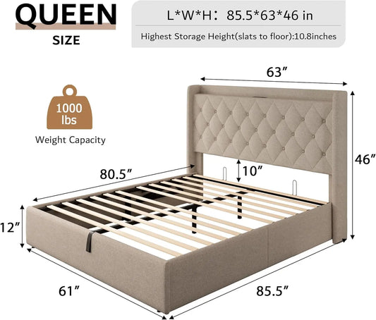 Lift Up Storage Bed Frame With Tufted Headboard