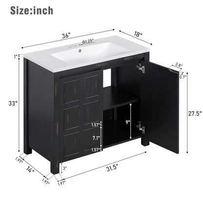 Freestanding Bathroom Vanity w/Sink, Wooden Cabinet, Adjustable Shelf, Ceramic Basin