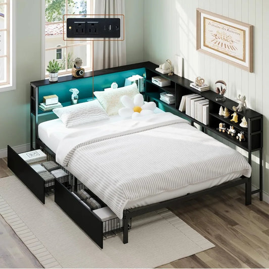 Full Size Corner Bed Frame with Storage, Charging Station, LED Lights