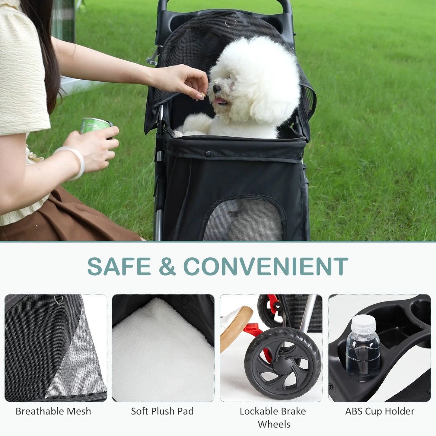 3 Wheel Foldable Pet Stroller for Small Dogs & Cats, Mesh Windows
