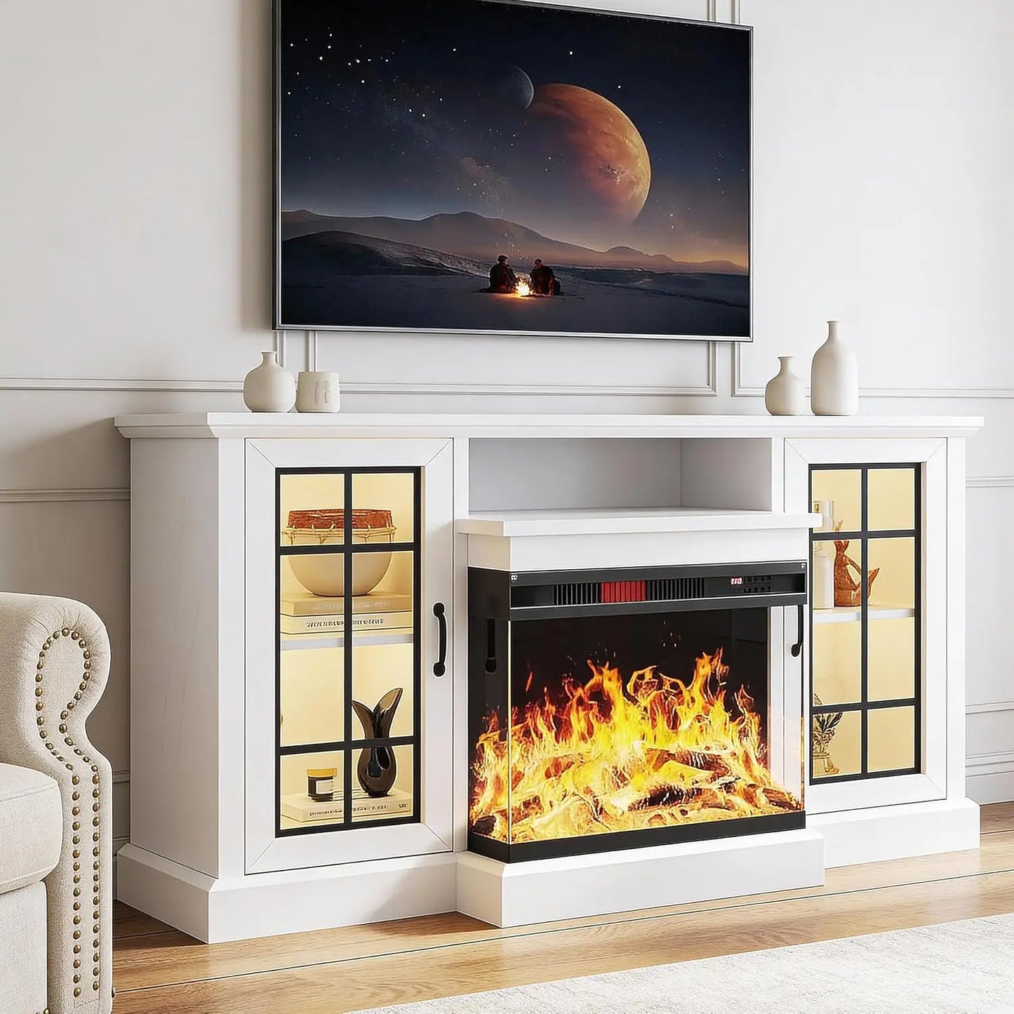 Fireplace 3 Sided Glass Media Entertainment Center Console