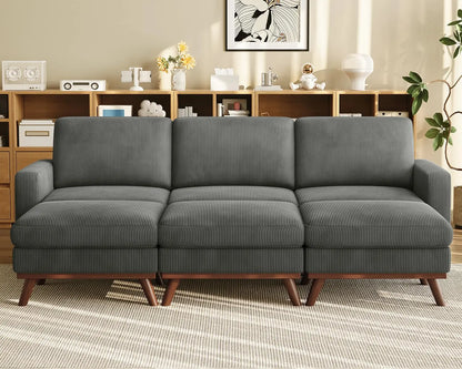 3-Seat Corduroy L-Shape Modular Sofa with Movable Ottoman,