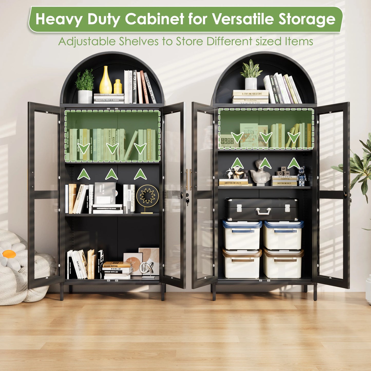 Metal Arched Display Cabinet with Lockable Glass Door and 2 Adjustable Shelves