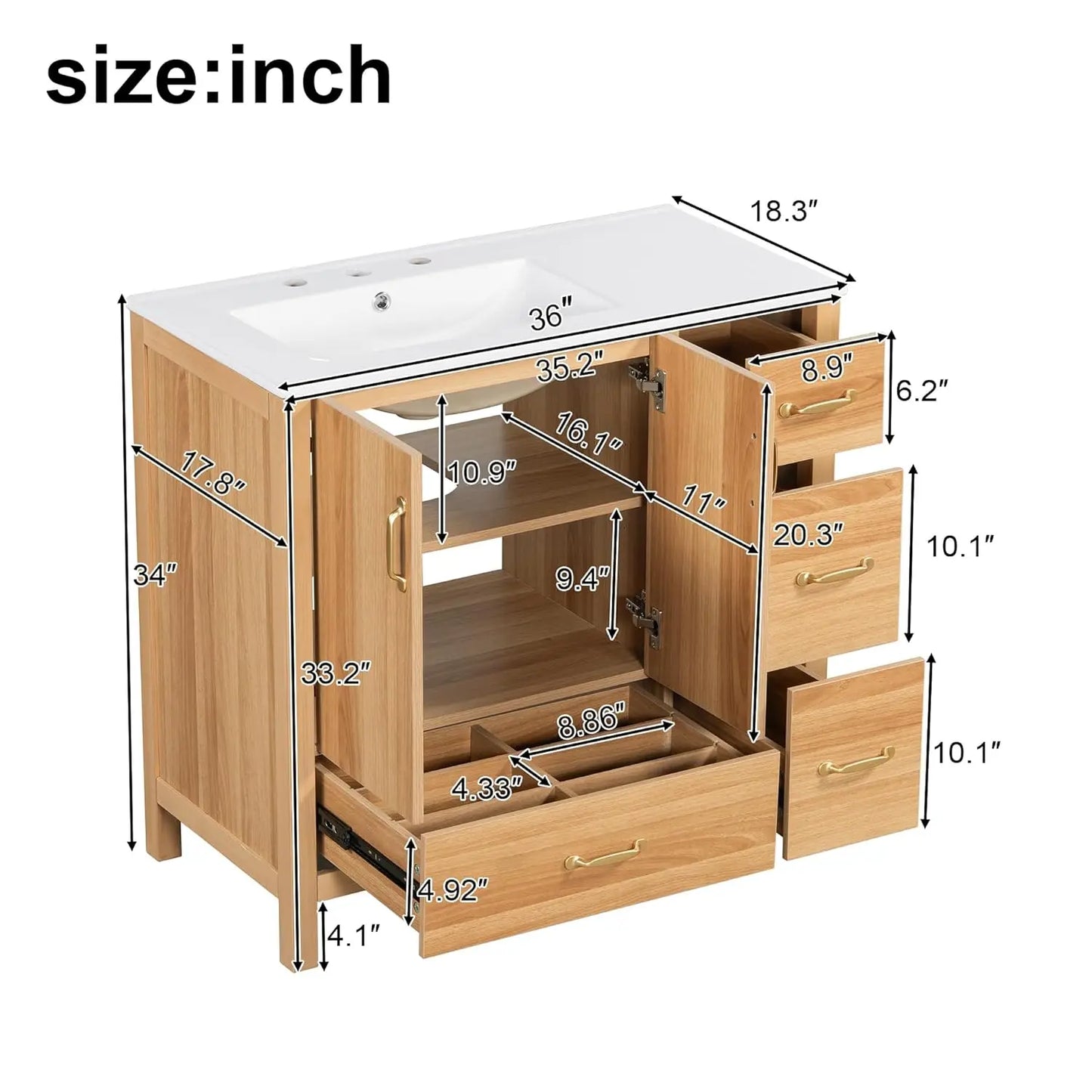 36 inch Bathroom Vanity w/Sink & Storage Cabinet, 3 Drawers, 1 Divider Drawer