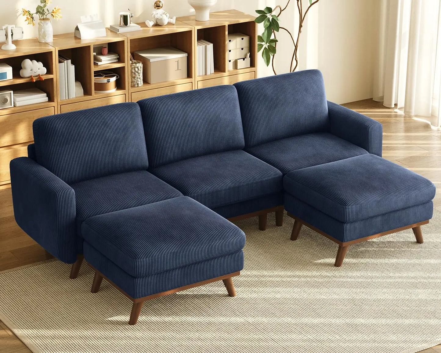 3-Seat Corduroy L-Shape Modular Sofa with Movable Ottoman,