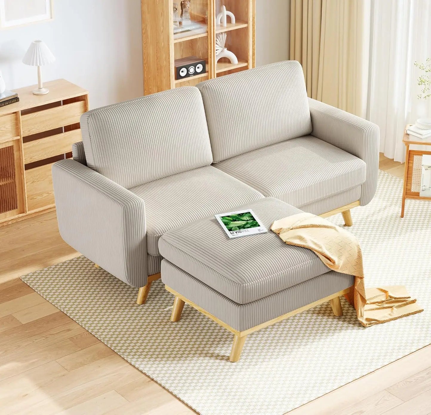 3-Seat Corduroy L-Shape Modular Sofa with Movable Ottoman,