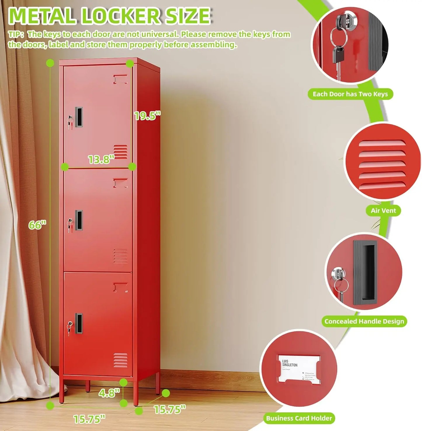 Lockable 3 Doors Metal Lockers with Hooks