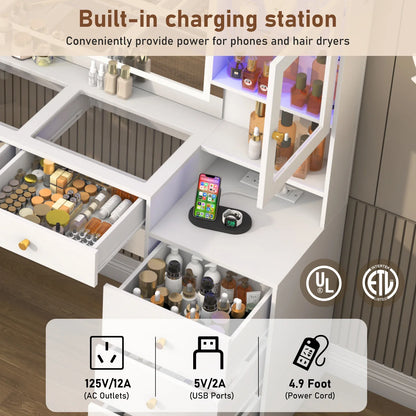 Large Vanity Desk with Mirror, Lights, and Charging Station