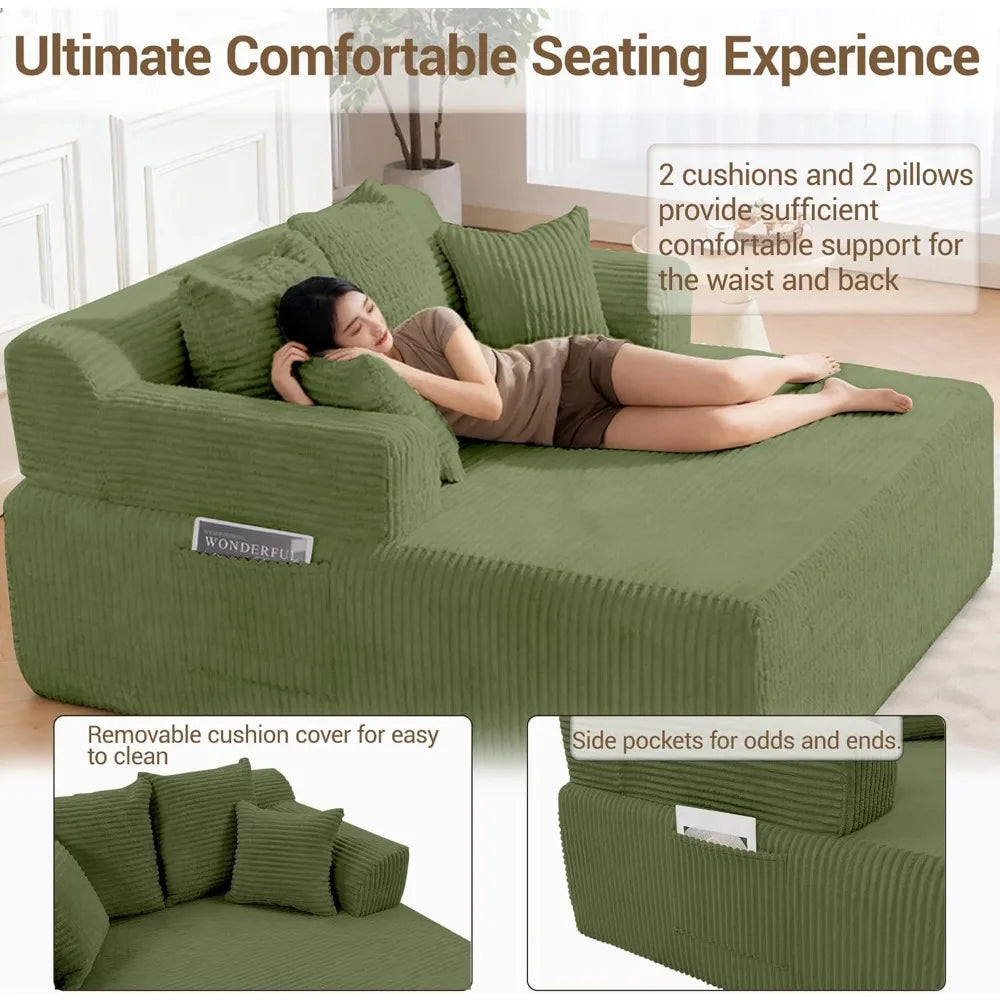 Oversized Corduroy Boneless Chaise Lounge Chair w/Armrests and 4 Pillows