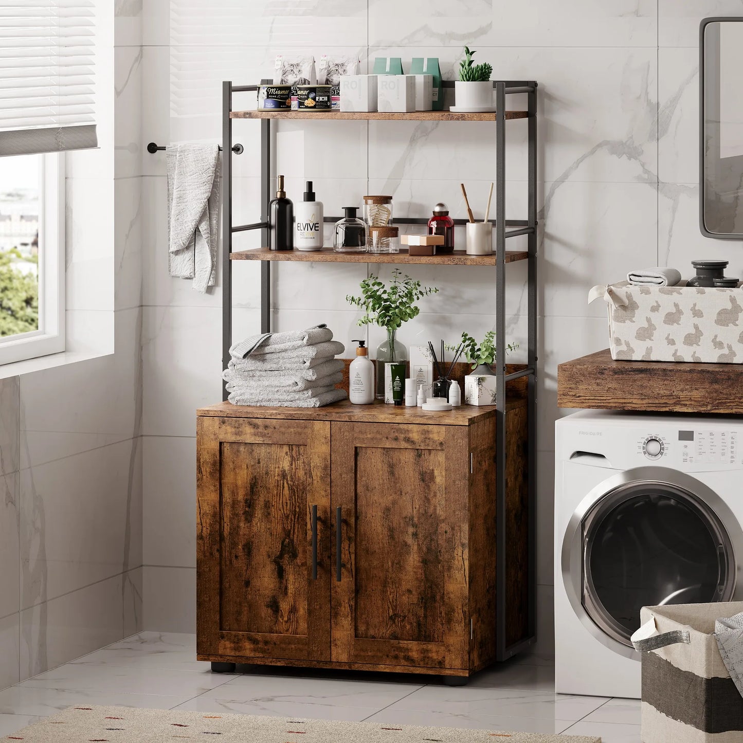 Cat Litter Box Enclosure w/2-Tier Storage Shelves & Doors