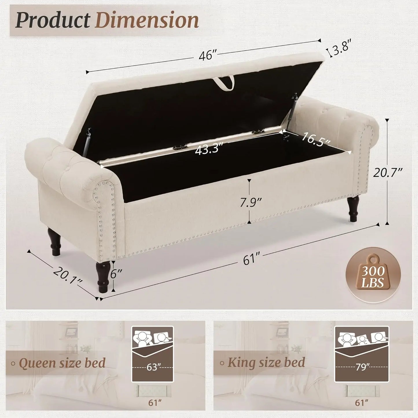 Rolled Arm Storage Bench Ottoman with Button Tufted