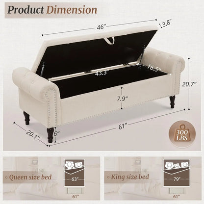 Rolled Arm Storage Bench Ottoman with Button Tufted