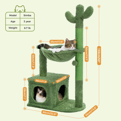 Small Cactus Cat Tree with Condo, Hammock & Dangling Ball