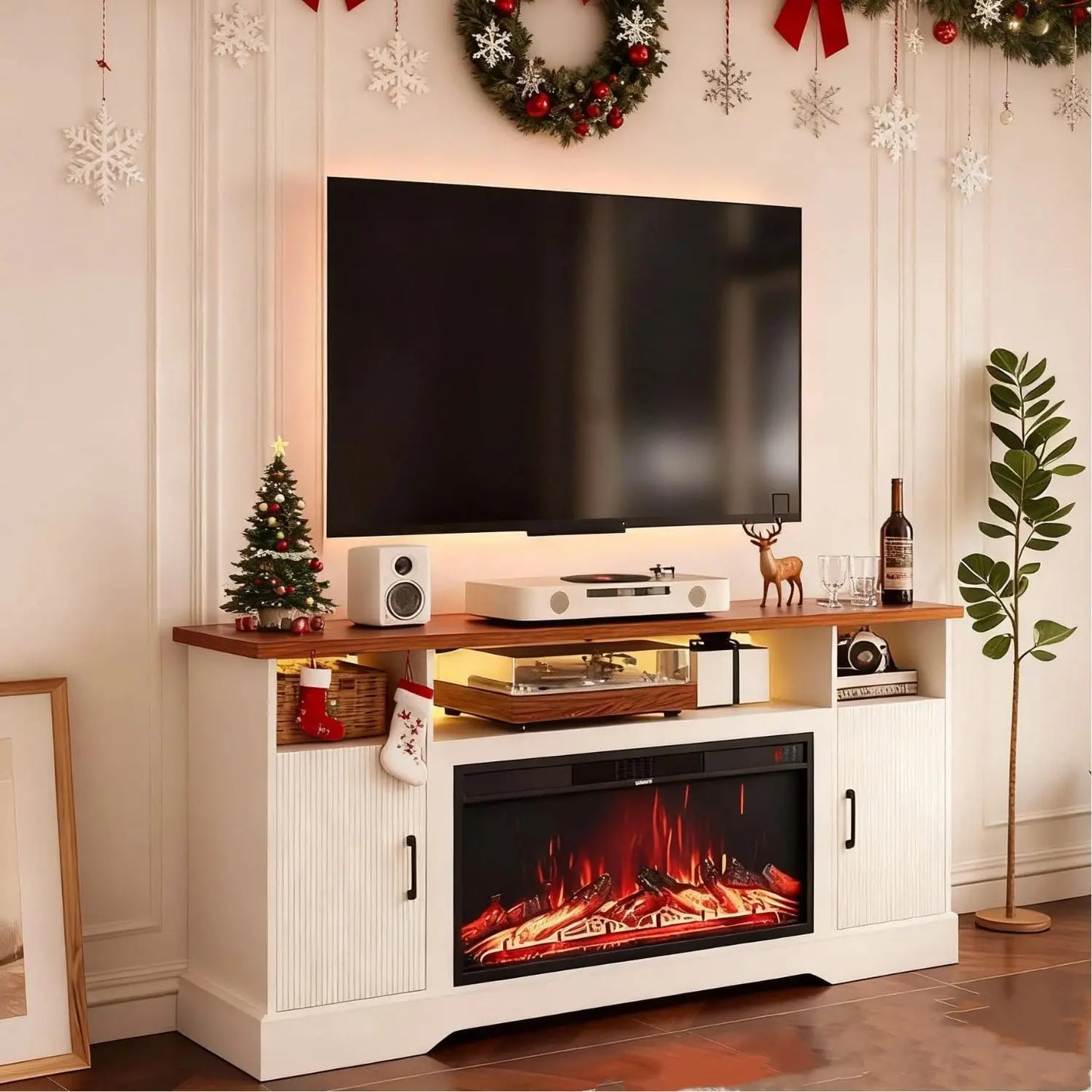 Farmhouse Fireplace TV Stand for up to 80 Inch TV, 70" Entertainment Center with Electric Fireplace & LED Strip,, Customized