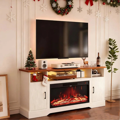 Farmhouse Fireplace TV Stand for up to 80 Inch TV, 70" Entertainment Center with Electric Fireplace & LED Strip,, Customized