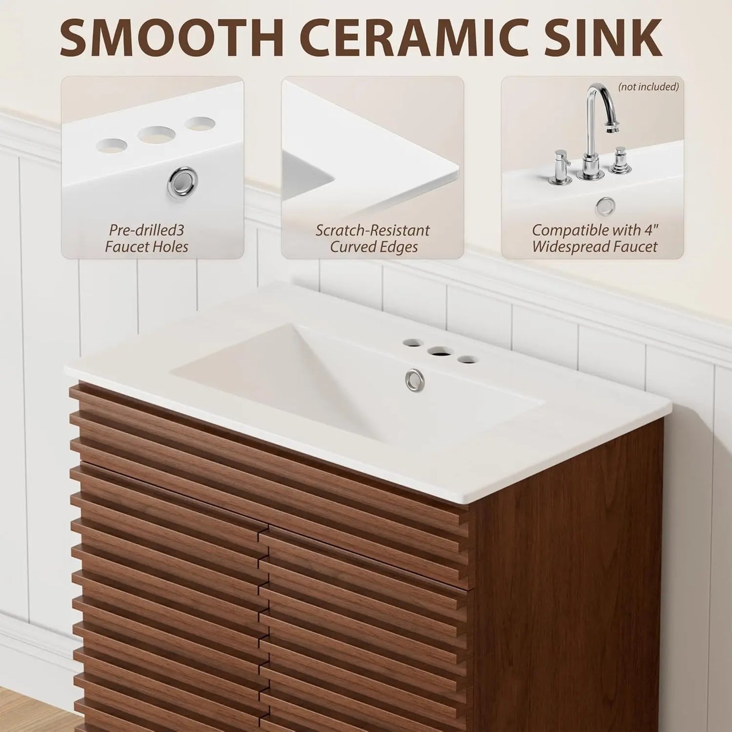 Mid-Century Freestanding Bathroom Vanity Cabinet w/Ceramic Sink & 2 Soft Closing Doors