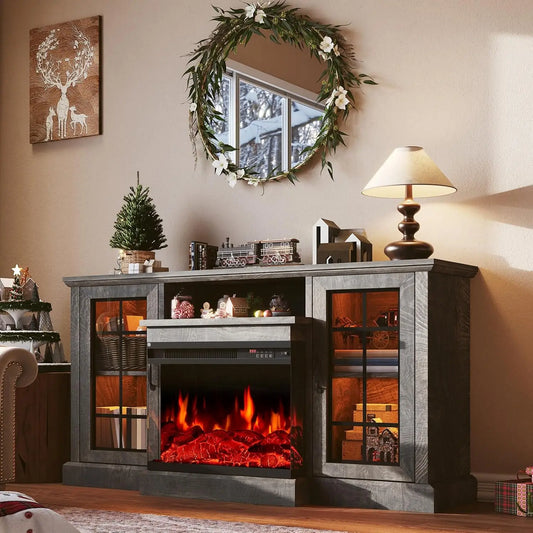 Fireplace 3 Sided Glass Media Entertainment Center Console