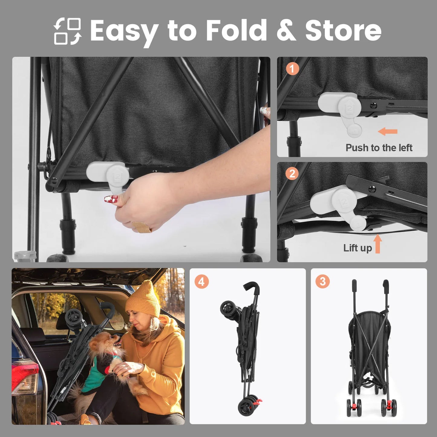Pet Stroller 4 Wheel Stroller Rotate with Brakes & Storage