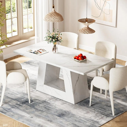 Modern Rectangular Dining Table, Wooden. Faux Marble