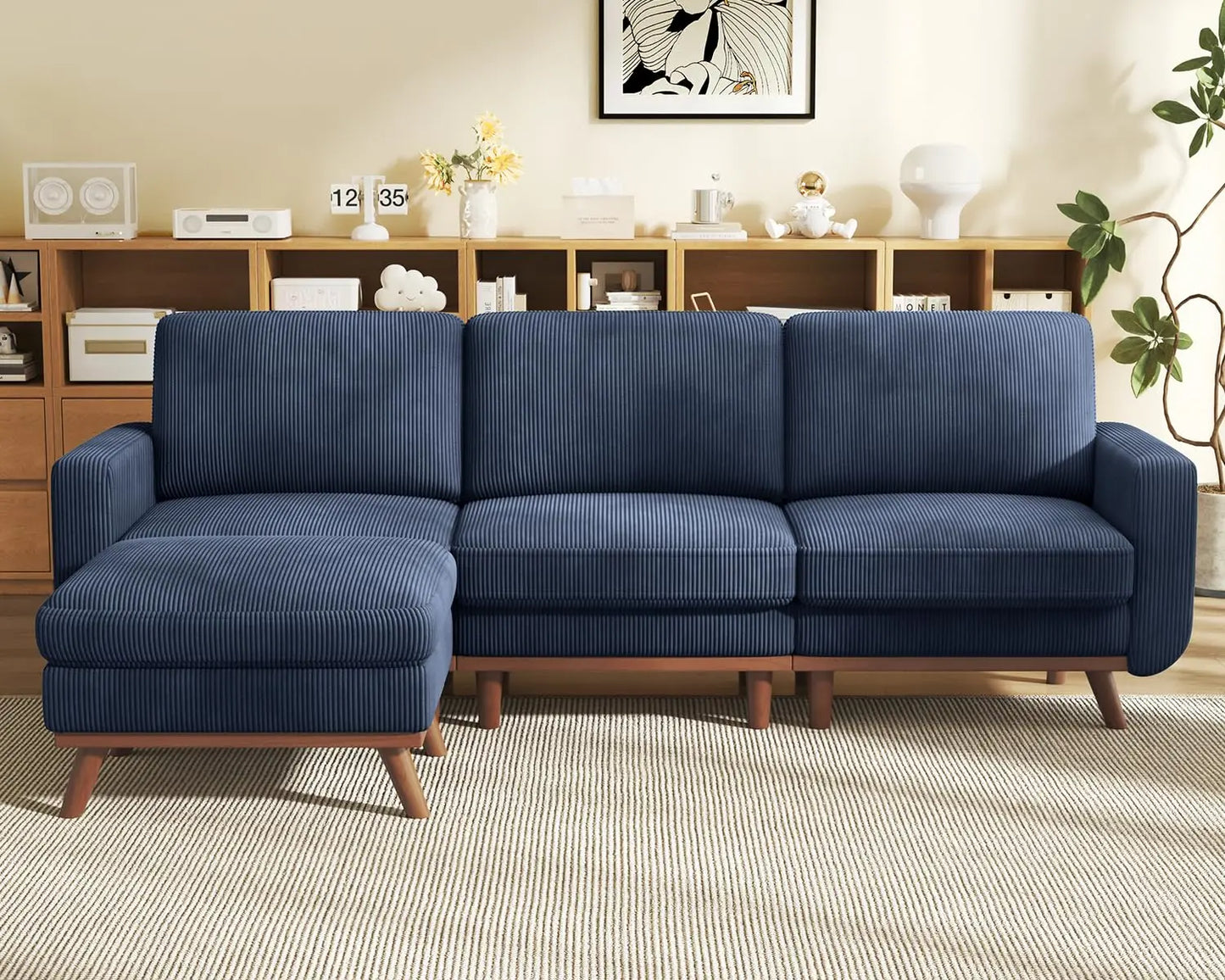 3-Seat Corduroy L-Shape Modular Sofa with Movable Ottoman,