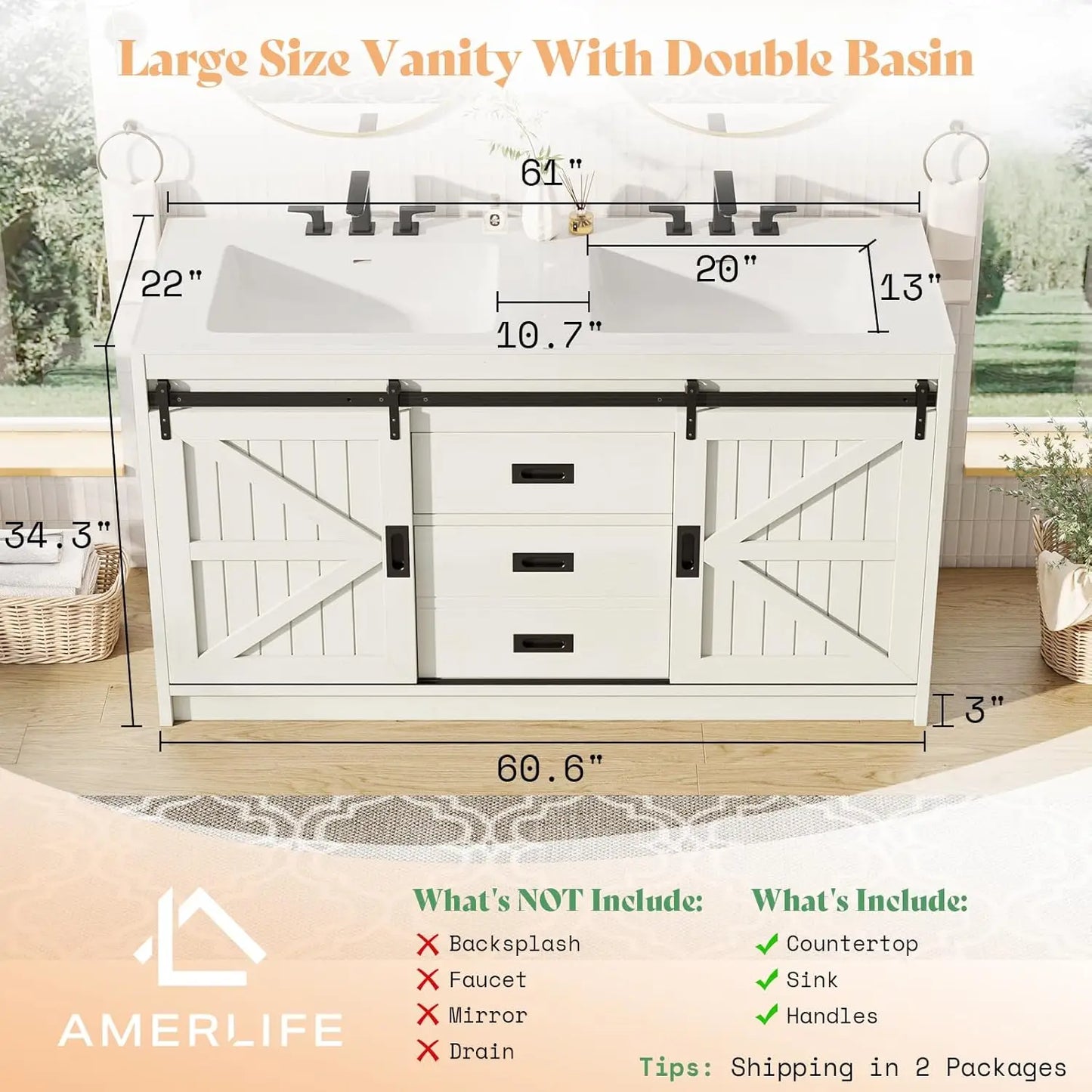 61" Farmhouse Double Bathroom Vanity w/Dual Basin Sink & Storage Cabinet