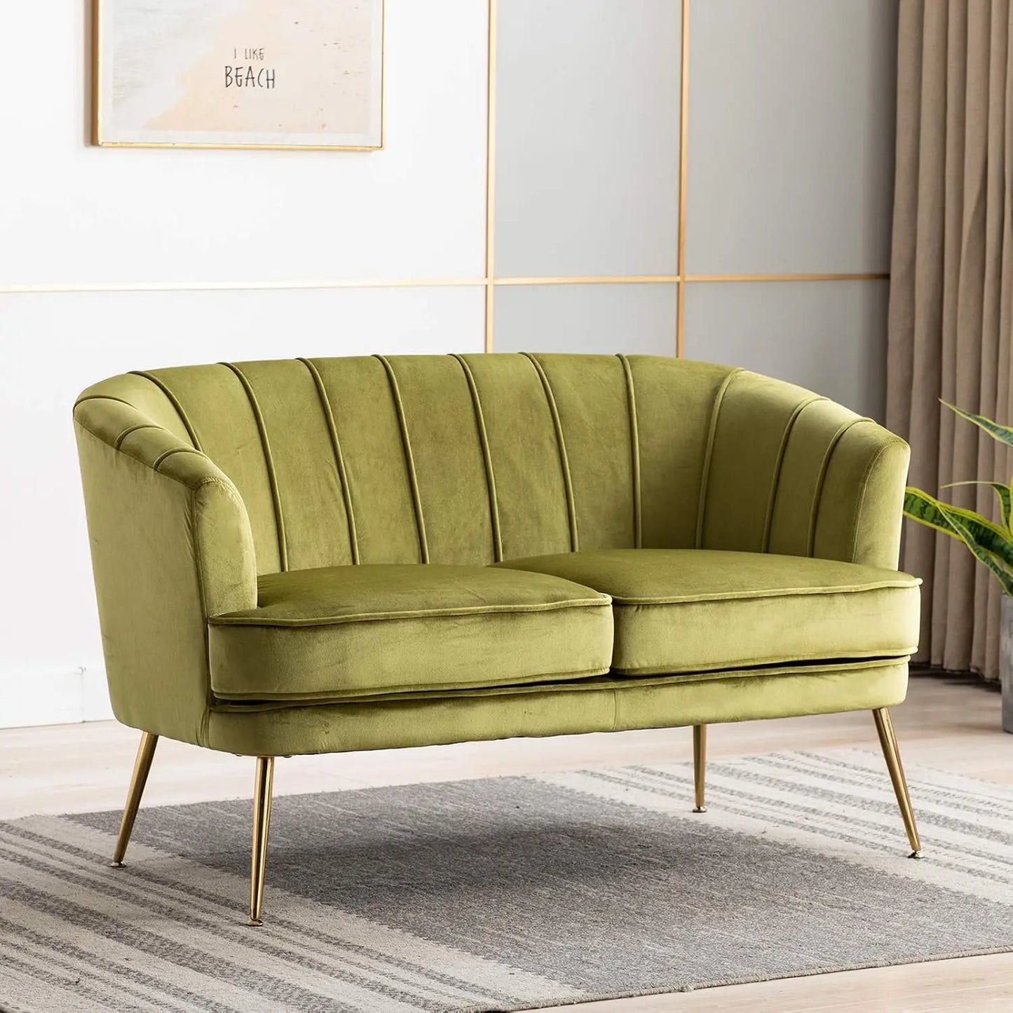 Contemporary Velvet Loveseat Chair w/Gold-Finished Metal Legs