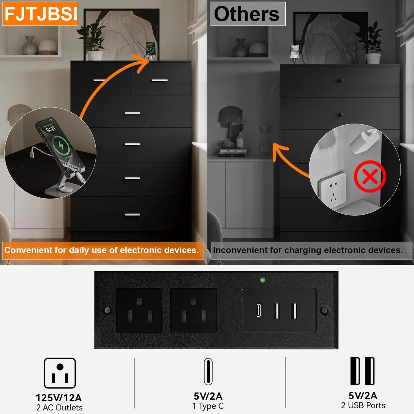 Wooden Dresser with Power Outlets