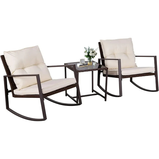 Patio Bistro Rocking Chair Set with Glass Coffee Table