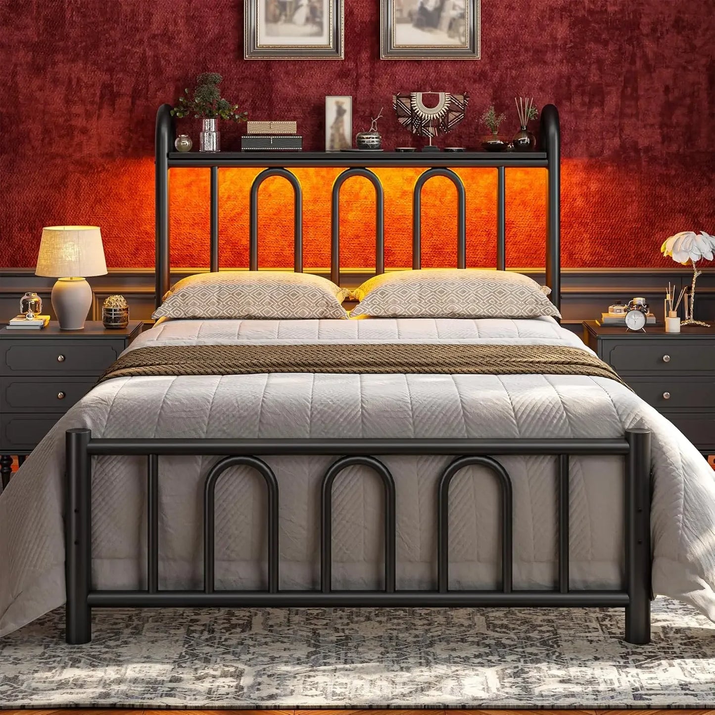 Metal Victorian Platform Bed Frame with LED Lights