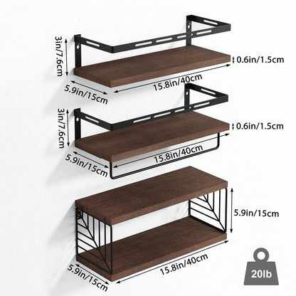Rustic Wood Floating Shelves W/Metal Frame Towel Bar