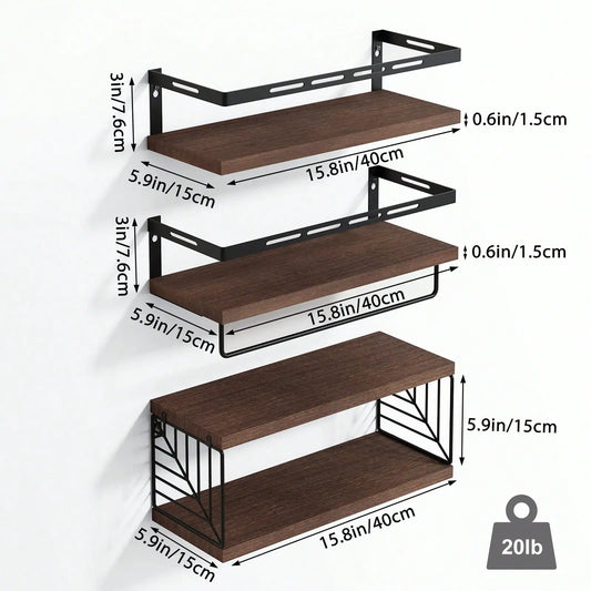 Rustic Wood Floating Shelves W/Metal Frame Towel Bar
