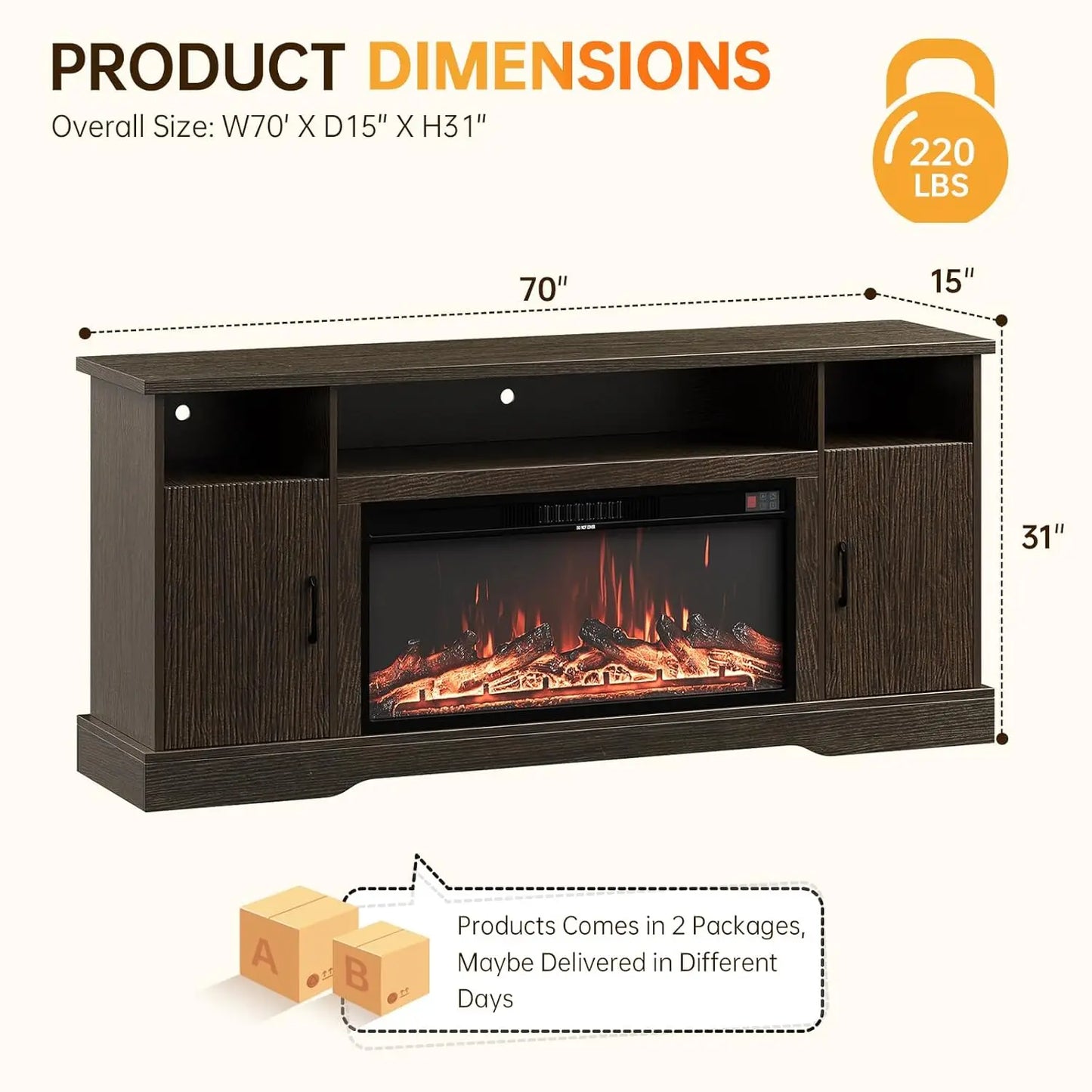 Farmhouse Fireplace TV Stand for up to 80 Inch TV, 70" Entertainment Center with Electric Fireplace & LED Strip,, Customized