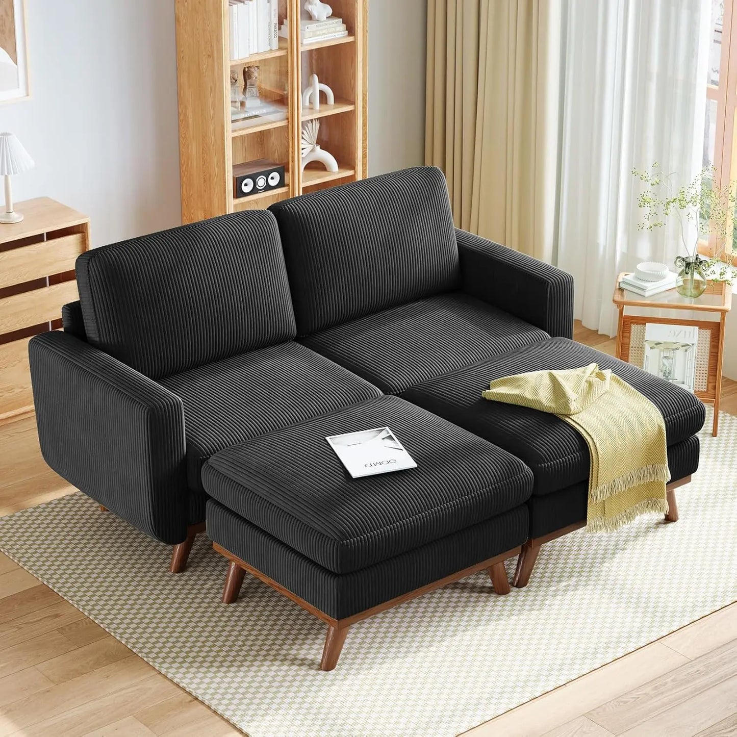 3-Seat Corduroy L-Shape Modular Sofa with Movable Ottoman,