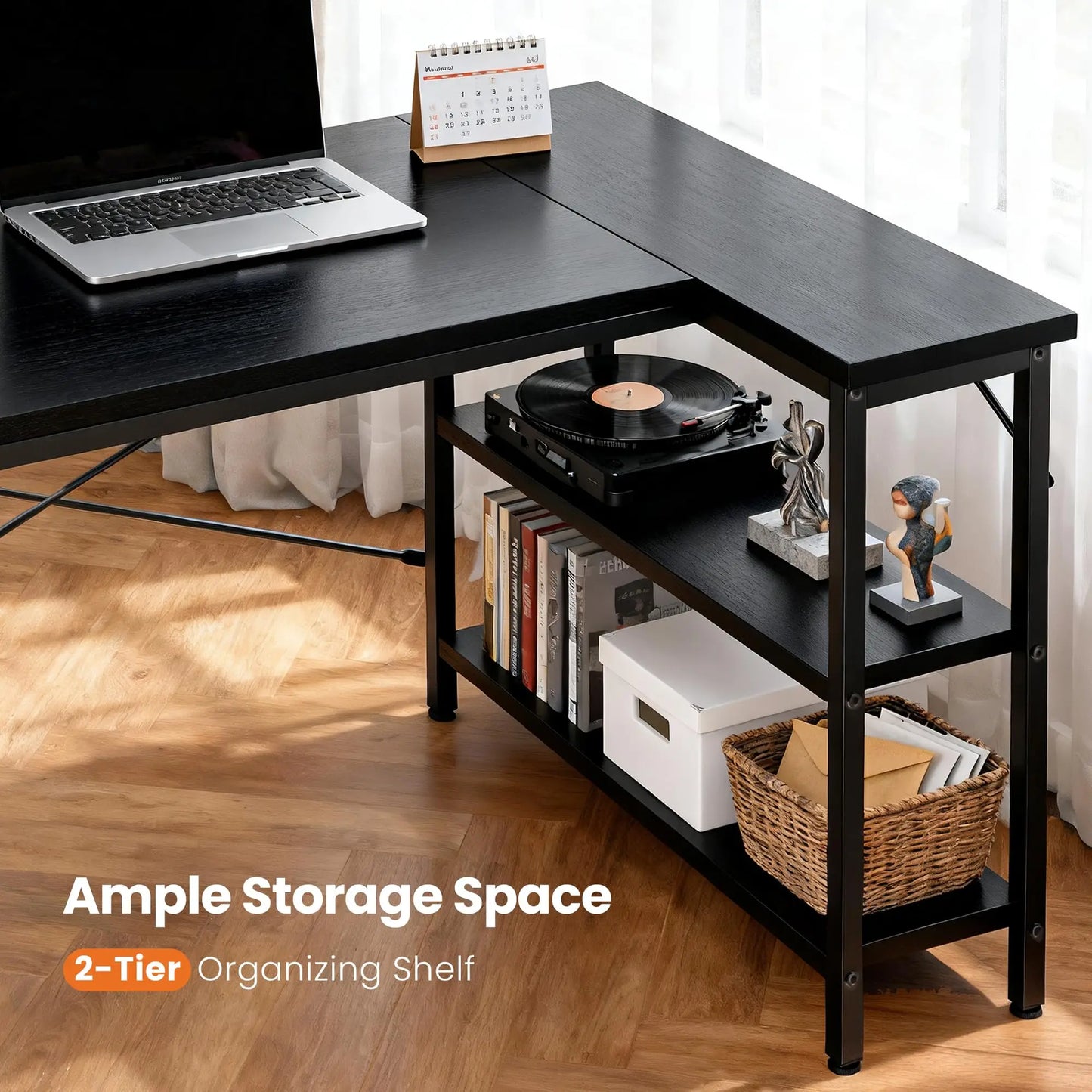 L Shaped Computer Corner Desk with Reversible Storage Shelves
