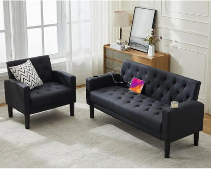 Mid-Century Modern Loveseat Sofa Set w/ 2 USB & 2 Cupholders