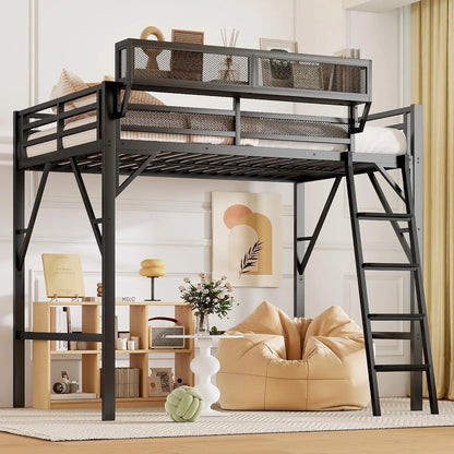 Full Size Metal Loft Bed w/Stairs, Shelf & Storage
