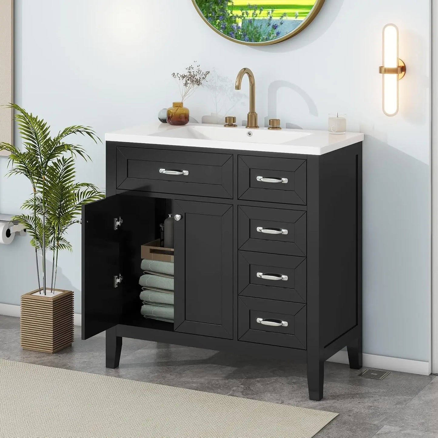 36 inch Bathroom Vanity w/Sink & Storage Cabinet, 3 Drawers, 1 Divider Drawer