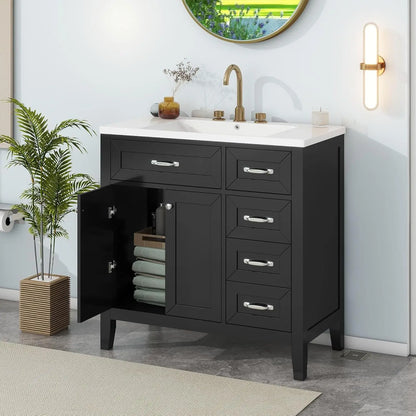 36 inch Bathroom Vanity w/Sink & Storage Cabinet, 3 Drawers, 1 Divider Drawer