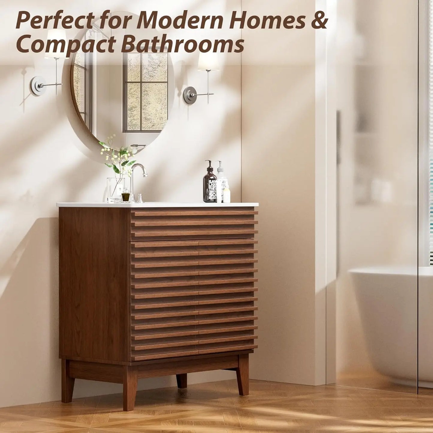 Mid-Century Freestanding Bathroom Vanity Cabinet w/Ceramic Sink & 2 Soft Closing Doors