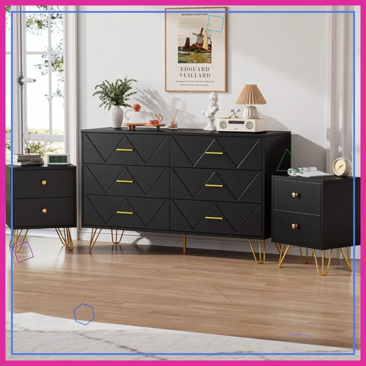 Modern Black Bedroom Set with 6-Drawer Dresser and Nightstands