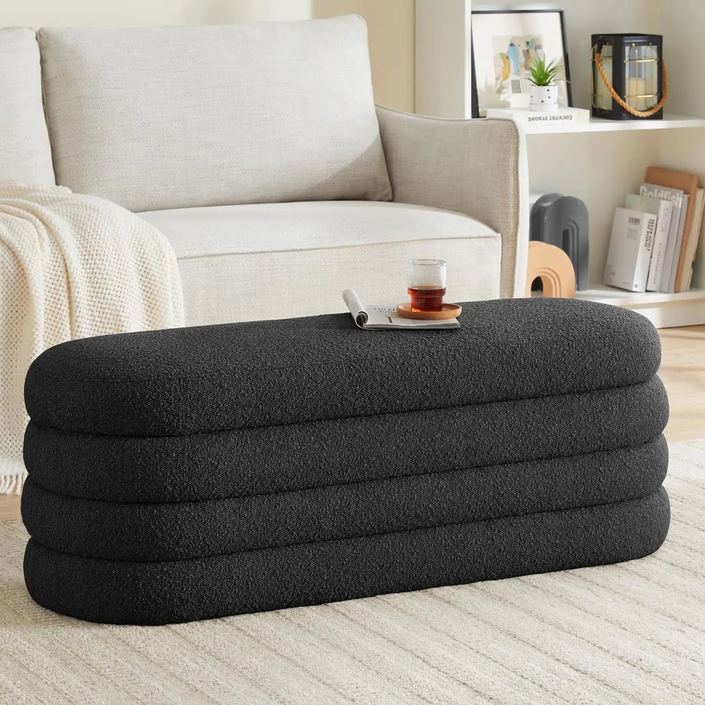 Upholstered Modern Oval Storage Ottoman Bench