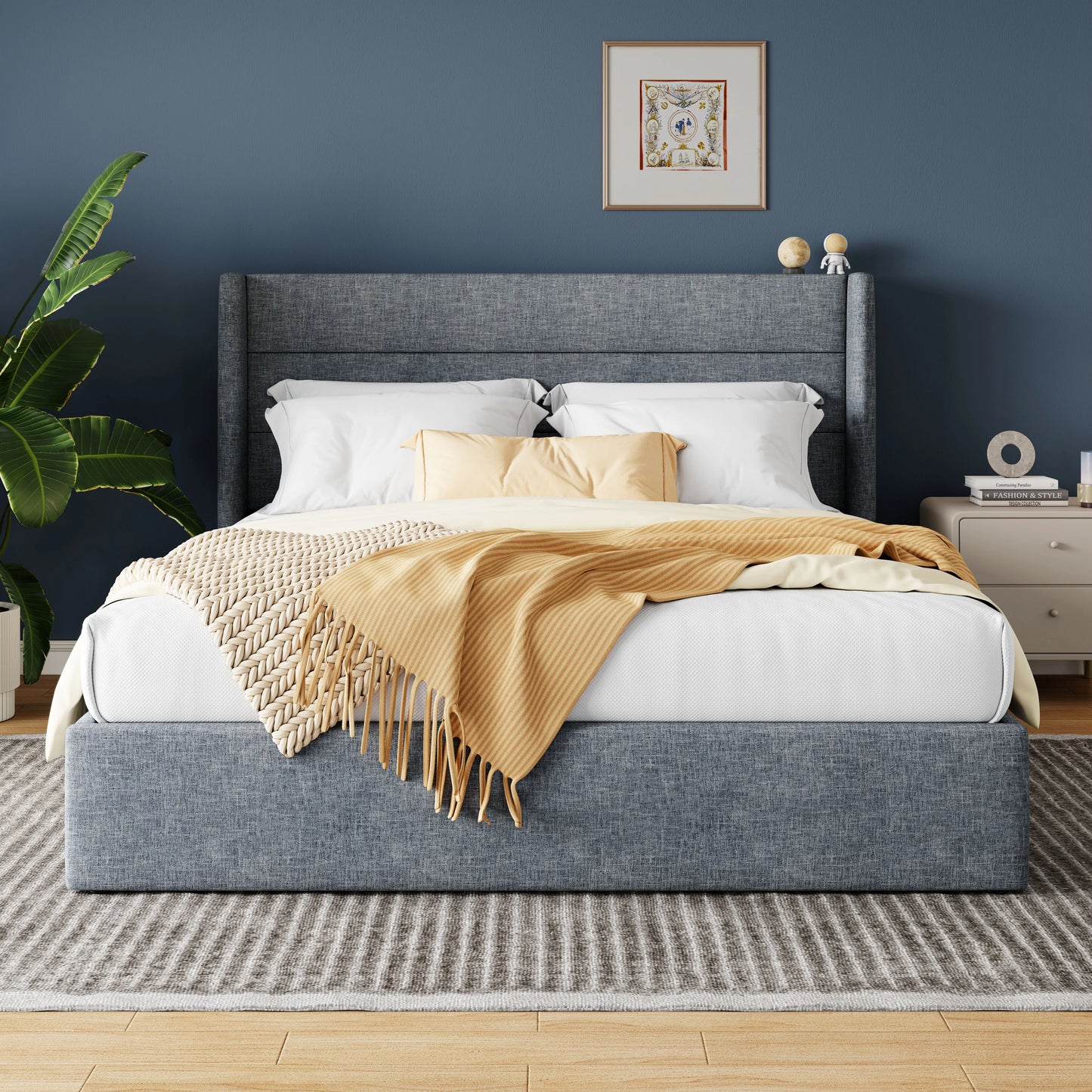 Lift Up Hydraulic Storage Bed with Wingback Headboard
