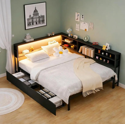 Full Size Corner Bed Frame with Storage, Charging Station, LED Lights