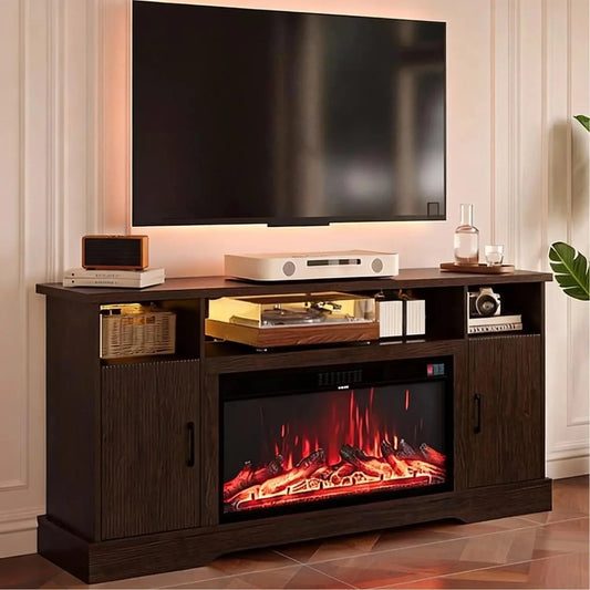 Farmhouse Fireplace TV Stand for up to 80 Inch TV, 70" Entertainment Center with Electric Fireplace & LED Strip,, Customized