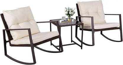 Patio Bistro Rocking Chair Set with Glass Coffee Table
