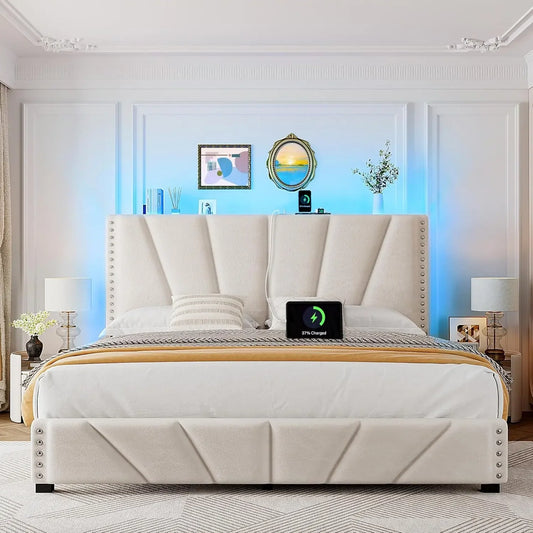King Size Velvet Headboard, Platform Bed with LED Lights and Charging Station